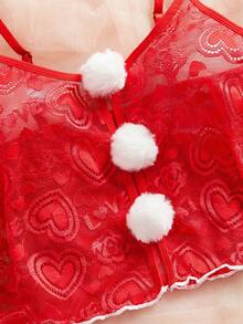 2 Pieces Women's Red,Christmas,Hollow Out,Side Slit Pants,Sheer,Sexy Lingerie Set - Red - View 7