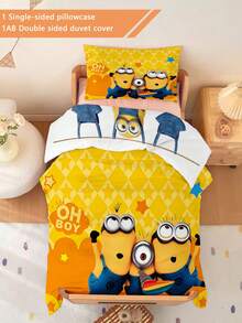 Minions 1/2 Peças Conjunto de Roupa de Cama com Tema Minions, Impressão 3D Dupla Face (1 Fronha Impressa em 1 Lado + 1 Edredom Impresso em 2 Lados), Conjunto para Berçário/Jardim de Infância, Edredom com Estampa Fofa Impressa Digitalmente, Roupa de Cama com Fronha para Crianças Pequenas, Bebês, Recém-Nascidos, Tamanho da Fronha 33 x 45