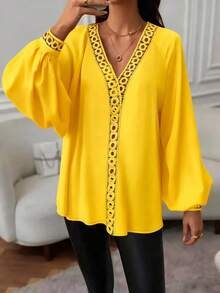 Autumn Back To School Solid Color Popular Long Sleeve Lace Trim Blouse - Yellow - View 2