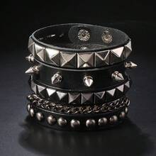 3 pezzi Bracciale in pelle stile punk da uomo multistrato, con rivetti personalizzati e polsino a catena