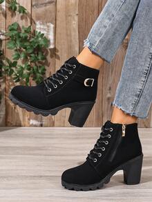 女士时尚摩托车踝靴或机车靴，舒适的户外活动踝靴 - 黑色 - 查看 6