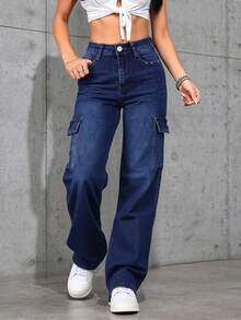 Pantalones vaqueros de tiro alto color azul oscuro estilo cargo, diseño con múltiples bolsillos, tejido suave y elástico, estilo casual y versátil - Azul lavado oscuro - Ver 1