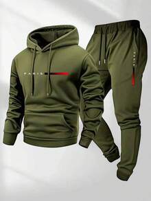Men's Paris Letter Printed Hoodie And Drawstring Sweatpants Set - 黑色 - 查看 4