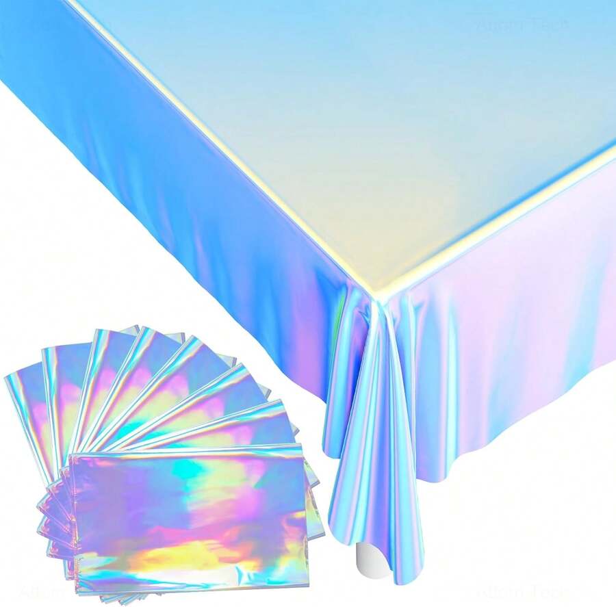 Iridescent Plastic Tablecloths 4PCS 54.***"X109.6" Holographic Metallic Laser Shiny Rec*** Party Table Decorations Foil Clothes Reusable Covers For Birthday Bridal Wedding Christmas (Blue) - Gói 8 màu ánh kim - Xem 1