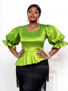 Plus Size Women's Shiny Puff Lantern Short Sleeve Blouse Asymmetrical Ruffled Party Cocktail Work Tops