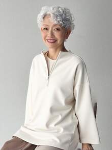 FRIFUL 女式纯色前拉链长袖休闲T恤 - 白色 - 查看 3