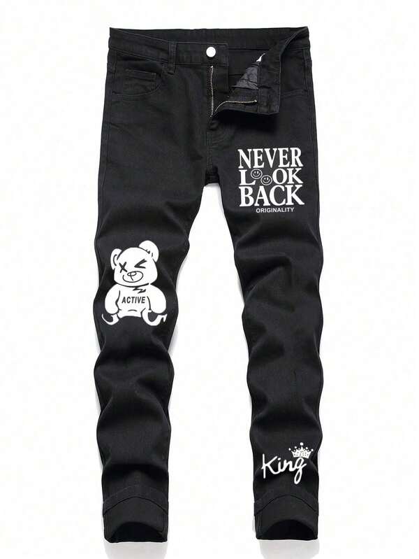 Teenager Jungen Lässig Street Slogan Cartoon Bär Muster Skinny Jeans