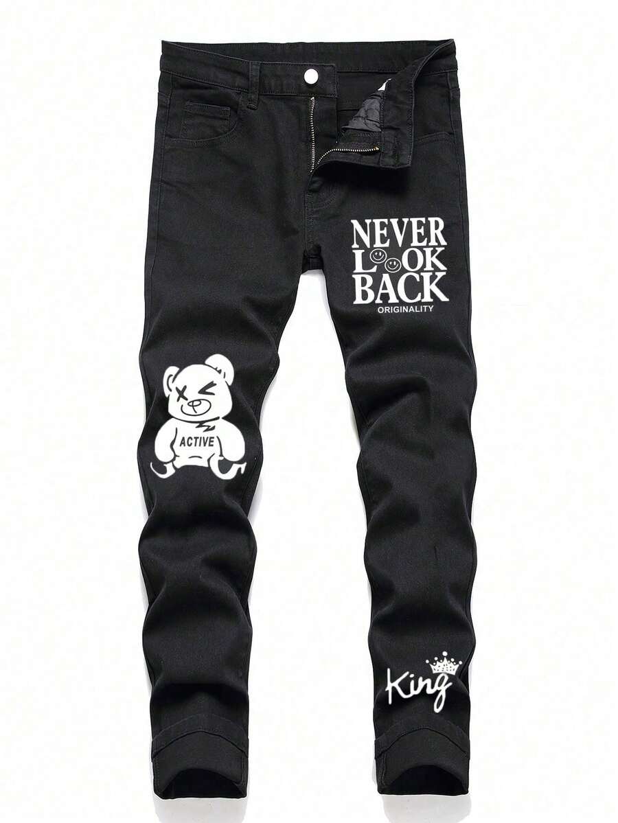 Teen Boy Casual Street Slogan Cartoon Bear Print Skinny Jeans - Black - View 1