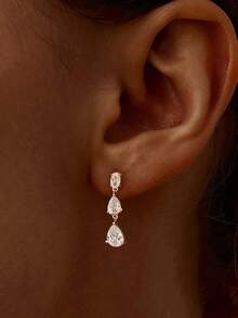 14K Gold Plated Long Cubic Zirconia Teardrop Dangle Earrings, Elegant Bridal Wedding Earrings, Bridesmaid Teardrop Earrings, Formal Occasion Jewelry - Gold - View 5