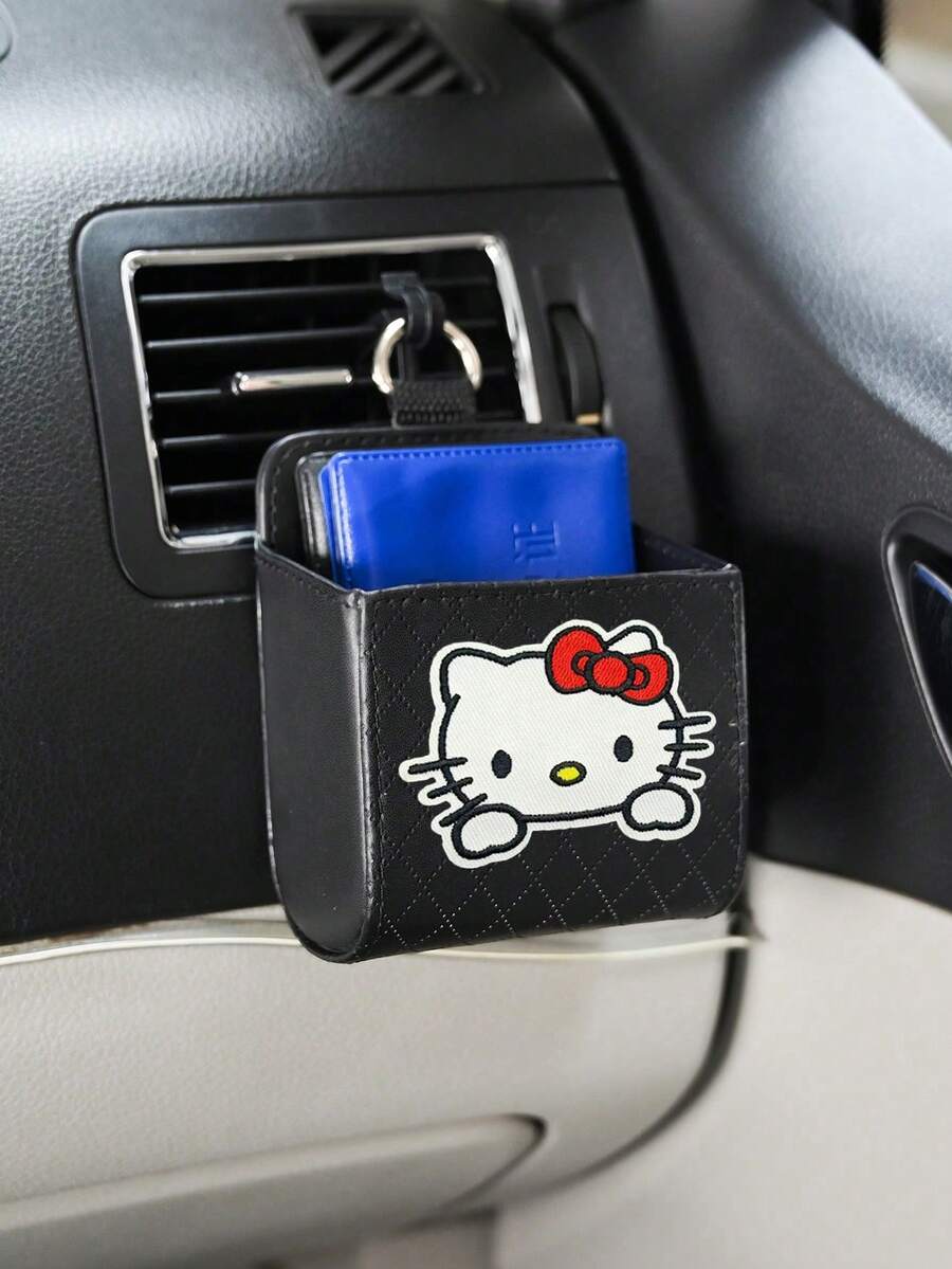 Sanrio 1 قطعة صندوق تخزين من الجلد للسيارة بشكل قطة باللون الأسود والبرتقالي والرمادي والبيج، حامل هاتف مثبت على فتحة التهوية