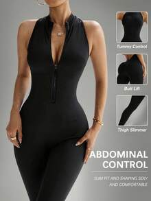 Sleeveless Workout Jumpsuit For Women Zip Up Romper Shorts V Back Scrunch Sexy One Piece Tummy Control Christmas - Black - View 5