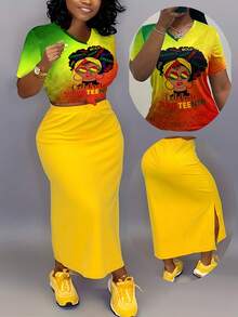V-Neck Letter Print Short-Sleeved T-Shirt + Side Slit Solid Color Long Skirt Suit, Plus Size Skirt Suit, Comfortable And Stretchy Fabric, Suitable For Daily Leisure Commuting - Màu vàng - Xem 9
