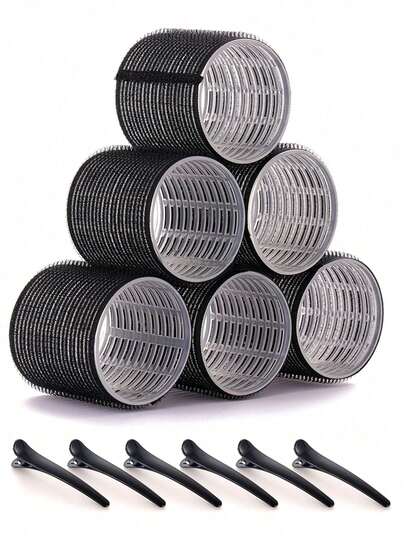 18个黑色卷发器，12个发卷和6个发夹，无需加热即可DIY沙龙级卷发，发饰，沙龙产品及用品，美容院，旅行，返校，度假，女士