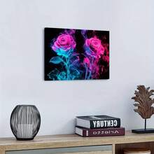 1pc Neon Rose Canvas Wall Art, Abstract Pink Blue Glowing Flower Print, Modern Floral Artwork For Living Room Bedroom Office Aesthetic Decor, Dramatic Botanical Picture On Black Background - 彩色 - 查看 4