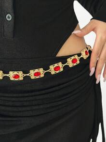 1pc Vintage Women's Crystal Decor Waist Chain, Red Metal Chain Bohemian Agate Crystal Belt, Suitable For Casual Wear, Wedding, Spring/Summer/Autumn/Winter, Campus, Autumn, Halloween