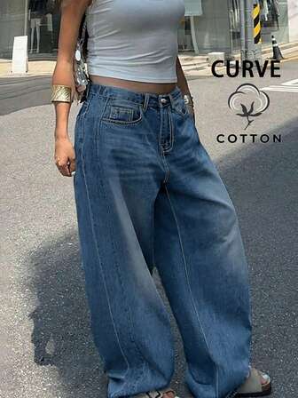 Plus Size Retro Casual Loose Straight Leg Denim Maxi Pants, Fashionable & Versatile