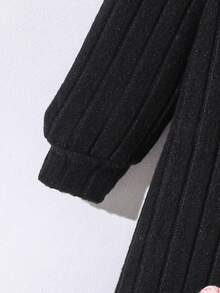 女童花卉刺绣连帽长款开衫，时尚可爱，秋冬 - 黑色 - 查看 4