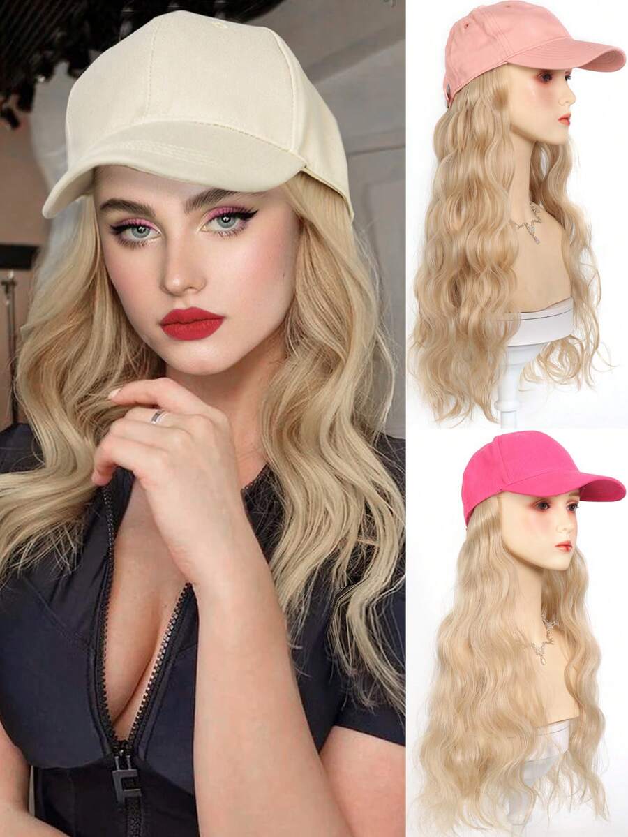 16/20英寸棒球帽假发长款水波卷发假发带帽金色假发接发可调节白帽假发女士合成金色假发替换假发 - 彩色 - 查看 1