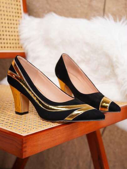 Schwarze Wildleder Patchwork Gold Besatz Spitze Zehen Plateau Absatz Damenschuhe, modischer vielseitiger Retro eleganter StilLässigal, Büro, Party Highlight Accessoire