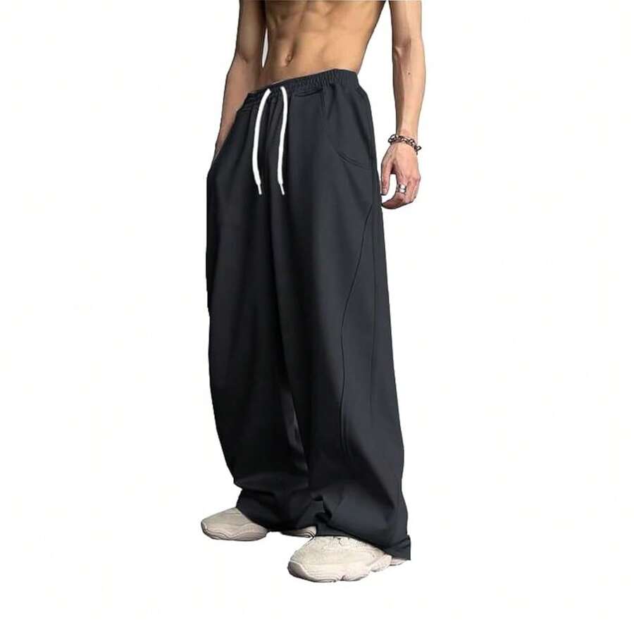 WZIKAI Men's Baggy Sweatpants Elastic Waist Drawstring Wide Leg Sweatpants Casual Loose Baggy Joggers With Pockets{"Size_name":"Small","Color_name":"Black"} - 弗拉克 - 查看 1