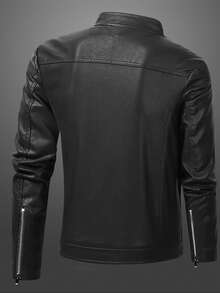 Men's Stand Collar Leather Jacket Black Motorcycle Lightweight Faux Leather Outwear - 黑色 - 查看 2