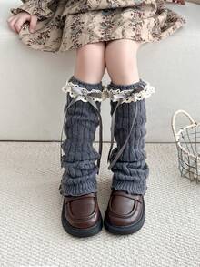 زوج/زوج واحد من الساقيات المحبوكة للأطفال والمراهقين، أكمام الساق، دافئة، فيونكة، تشطيب بالدانتيل، خريف/شتاء، جميع المواسم، أبيض، أسود، خاكي، بني، لون سادة، حافة مجعدة، أنيقة وجميلة، مناسبة للارتداء اليومي والهدايا