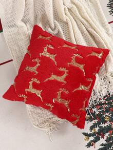 1 buc. Față de pernă decorativă de Crăciun, ren de pluș cu broderie cu paiete aurii, decor rustic pentru canapea în sufragerie, cadou de sărbători, roșu