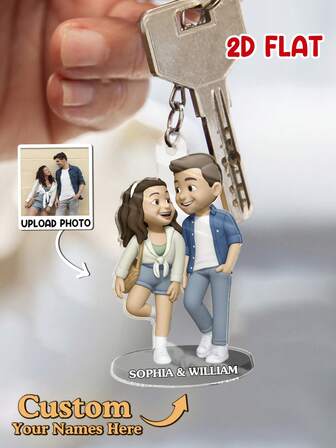 Catygift Personalisierter Paar-Schlüsselanhänger, individualisierter Acryl-Schlüsselanhänger mit KI-generierter Spielzeugfigur-Foto, einzigartiges Jahrestags-Geschenk für Paar, individuell anpassbarer Namens-Schlüsselanhänger