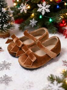 1 Pair Girls/Toddlers Mary Jane Bow Flat Shoes, Warm Indoor/Outdoor Party Holiday Flats Suitable For Christmas Party