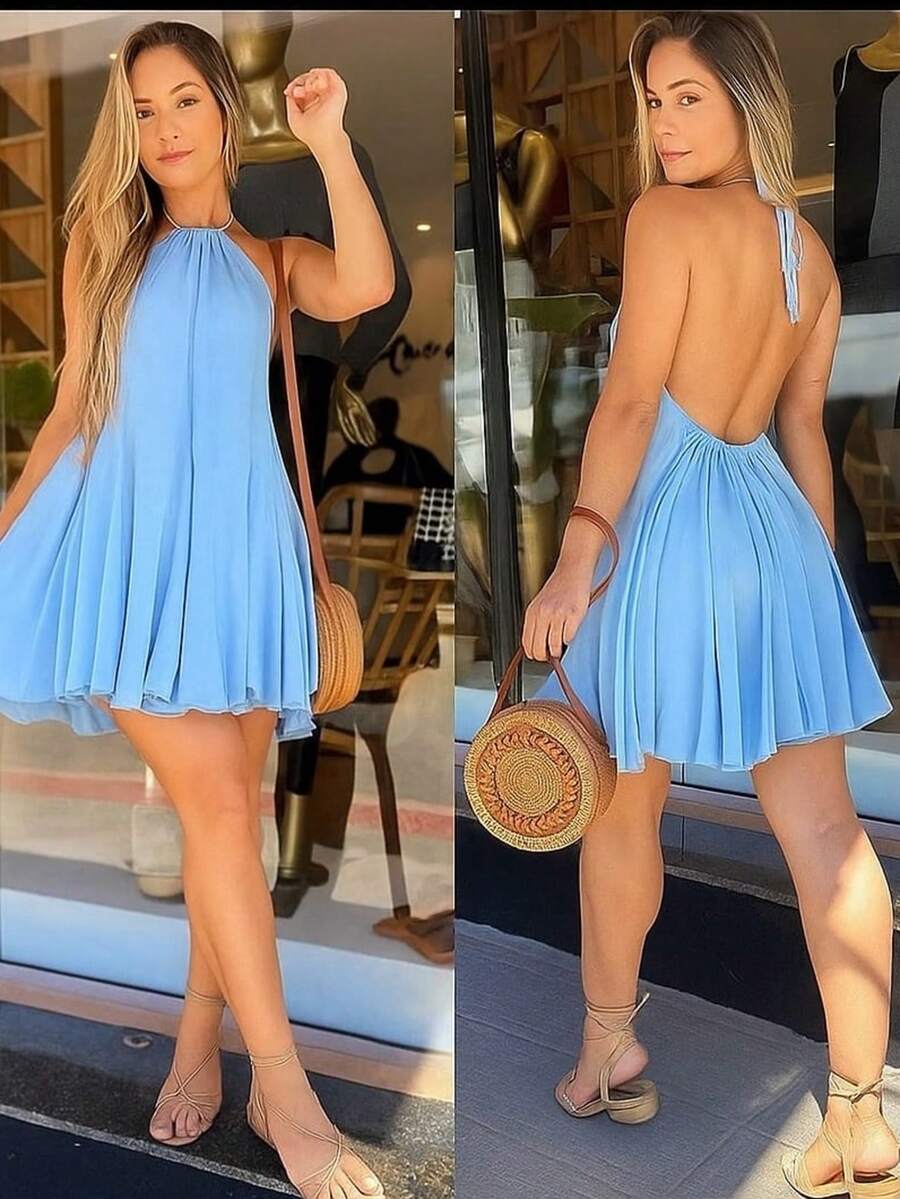 Short Dress With Bare Back Simple Elegant Beach Fashion - Baby Blue - View 1