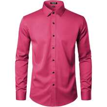 Men's Stretch Wrinkle-Free Long Sleeve Button-Down Formal Prom Wedding Dress Shirts With  Elements - 玫紅色 - 查看 2