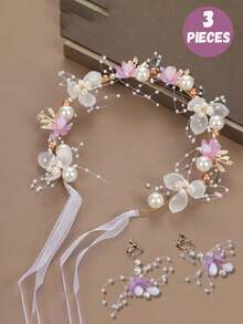 4 peças/2 peças/1 peça Conjunto de Tiara de Pérola de Liga Elegante para Meninas, Conjunto de 2 Peças de Tiara de Pérola e Pulseira de Pérola para Dama de Honra, Conjunto de Vestido de Flor de Fada para Meninas, Adequado para Apresentações, Festas, Fotografia e Danças, Tornando-o um presente ideal para meninas