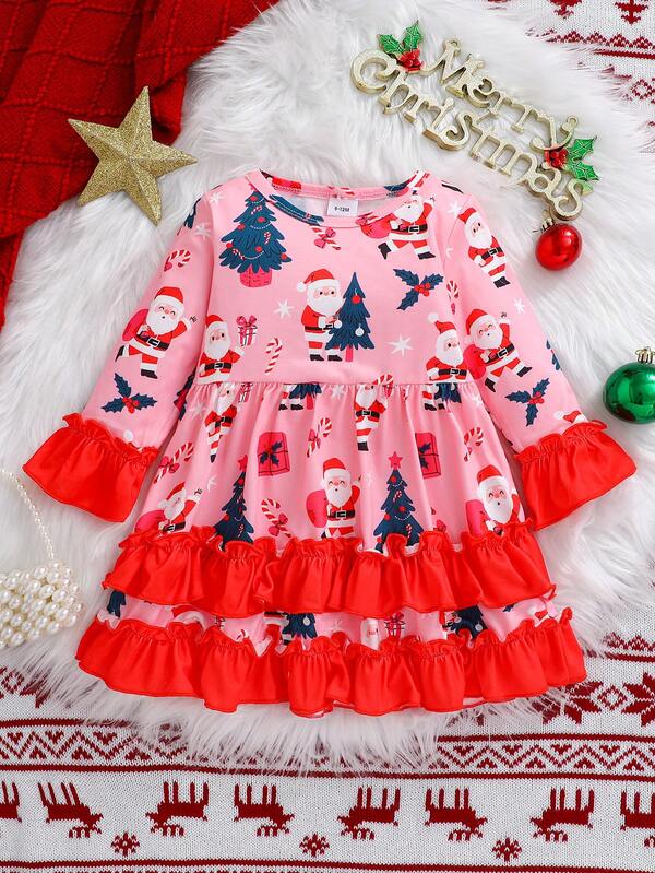 1pc Girls Pink Long Sleeve Christmas Santa Claus & Tree Print Ruffle Hem Casual Holiday Dress, Soft & Comfortable Fabric, Suitable For Christmas Party