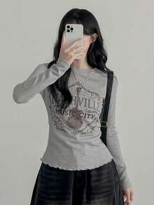2025 Spring/Autumn Elegant Casual Personalized Printed T-Shirt - Grey - View 4