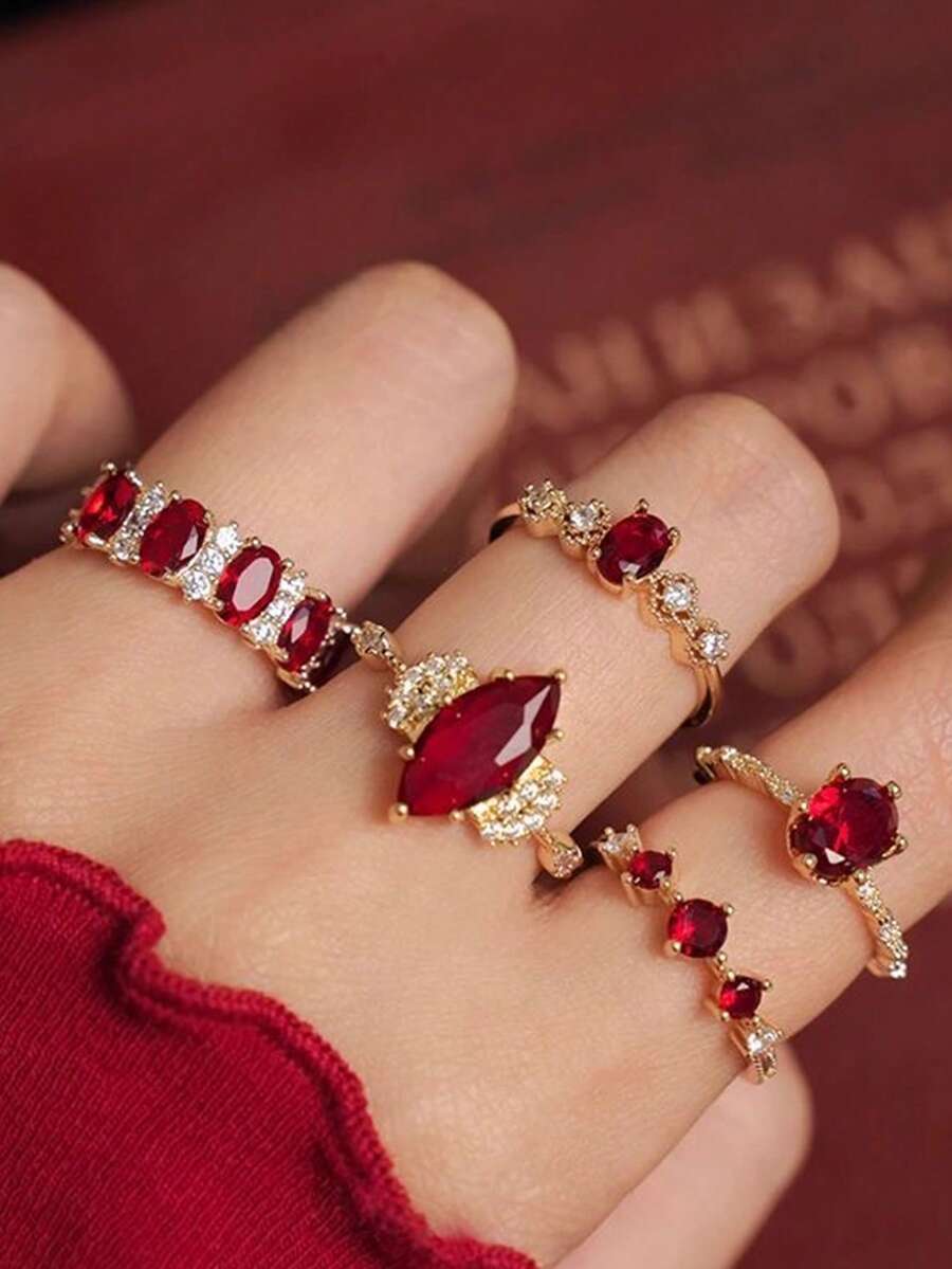 5pcs/Set Fashionable Luxury Rhinestone & Red Gemstone Gold Color Rings, Versatile Jewelry Suitable For Girlfriend, Wedding, Engagement - Multicolor - View 1