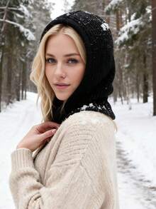 1 pezzo Passamontagna in maglia grigio con coulisse, scaldacollo protettivo da donna adatto per attività all'aperto e sci in inverno