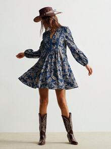 Rusttydustty Striped Lace V-Neck Casual Long Sleeve Classic Blue Dress, Bohemian Beach Outfit, Music Festival Tropical Vacation, New Year, Valentine''s Day Dress - Dusty Blue - View 5