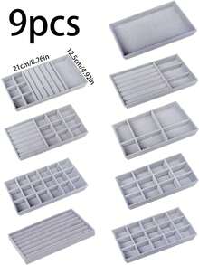 9pcs Gray Jewelry Tray, Multi-Compartment Jewelry Tray, Ring And Necklace Storage Tray, Rectangular Jewelry Storage Container, Jewelry Display Tray, Drawer Divider Storage Tray, Small Item Storage Organizer