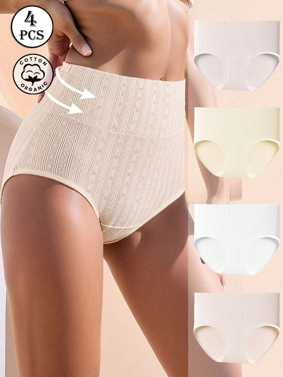 HANQIYA 4 Pairs Women Underwear, Skin-Friendly, Elegant Simple Solid & Striped Design With Extended Crotch