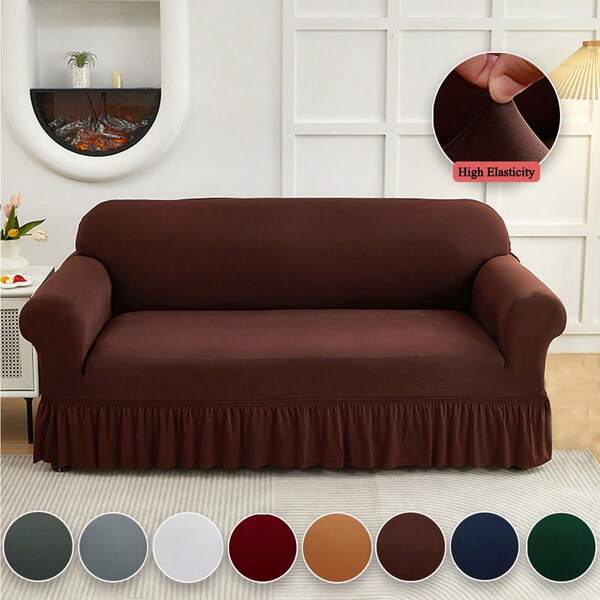 1PC Elastic Skirt Sofa Cover Universal Four Seasons Anti-Dirty And Non-Slip Solid Color Sofa Cover Suitable For 1/2/3/4 Seat Home/Living Room Decoration All-Inclusive Sofa Protective Cover
