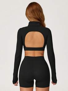 MASKERT 女士运动上衣、瑜伽服、高领、短款、短款、长袖、修身、修身瑜伽健身服