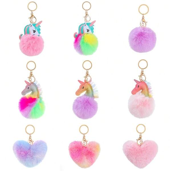 1pc Fluffy Pom Pom Pendant, Cute Cartoon Pattern Kids Backpack Charm, Plush Colorful Keychain, Car Key Chain, Plush Heart Bag Accessory, Children Bag Pendant, Autumn/Winter