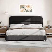 Queen Bed Frame With Headboard, Boucle Upholstered Soft Platform Bed Frame With Thickened Footboard,  Rounded Corners Design, Twin/ Full/ Queen/ King, Grey/ White/ Beige/ White/ Black - 灰色 - 查看 12