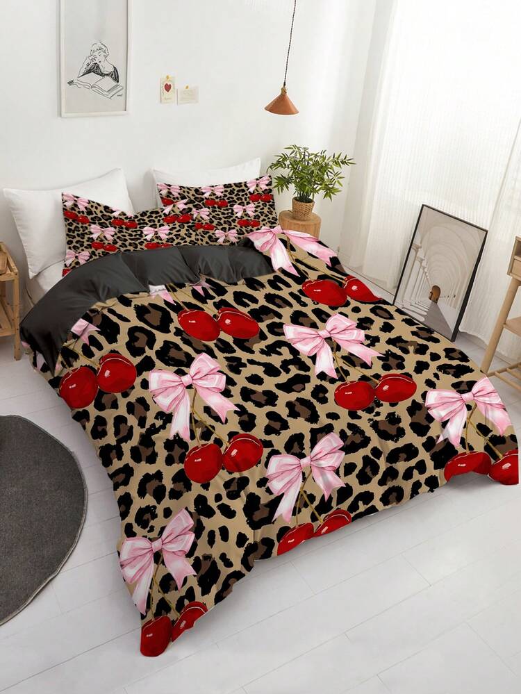 3pcs Leopard Print Bow Bedding Set (1 Duvet Cover + 2 Pillowcases, Comforter Not Included), Featuring Sexy Alluring Leopard Print Design, Soft & Skin-Friendly, Relieving Visual Fatigue, Suitable For All Seasons, Zipper Closure, Applicable For Hotel, Bedroom, Guest Room And Dormitory Bedding Decoration, Low Allergenicity, Easy Care, Fashionable Lightweight, Breathable, Style. - Multicolor - View 6