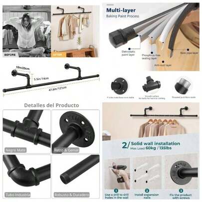 Estante de Ropa, Perchero de Pared para Ropa Perchero Industrial para Colgar Ropa, Barra Ropa Desmontable, Barra Multiusos para Colgar en el Armario, Balcn, Bao, Dormitorio 121cm