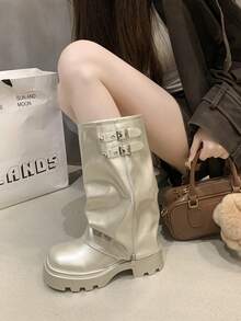 Shiny Fashion Flared Shaft Boots, Mid-Calf Slouchy Boots, Autumn/Winter New Versatile Skinny Tube Boots, Street Style Platform Round Toe Women Boots