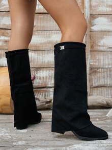 Boots,Black Boots,Fold Over Boots ,Fall Boots ,Shark Boots,Boots For Women Winter,Wrinkled Boots,Knee High Boots Women,Pointed And High-Heeled Boots - Black - View 3