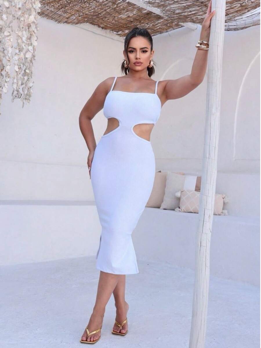 Women's Backless Midi Dress With Slit, Ribbed Neckline, Elegant, Tight Tube Dress - trắng - Xem 1