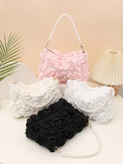 1pc White Evening Bag, Pearl Beaded Wristlet Rose Floral Embroidery Shoulder Bag, Ruffle Trim Fashion Party Clutch, Elegant Women Handbag