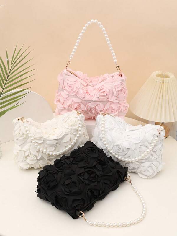 1pc White Evening Bag, Pearl Beaded Wristlet Rose Floral Embroidery Shoulder Bag, Ruffle Trim Fashion Party Clutch, Elegant Women Handbag